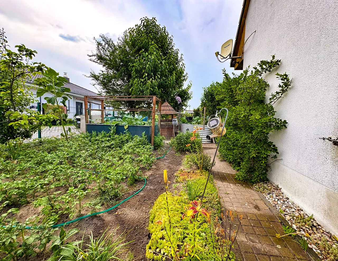Bepflanzte Gartenbeete und Nutzgarten neben dem Einfamilienhaus in Berlin-Falkenberg