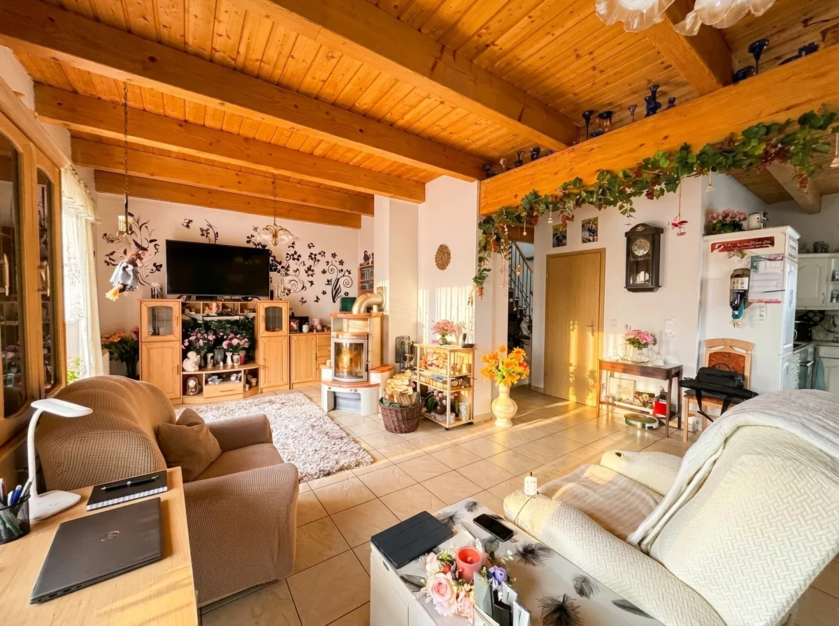 Wohnbereich mit Kaminofen, Sitzmöbeln, Fernsehschrank und sichtbaren Holzbalken an der Decke.